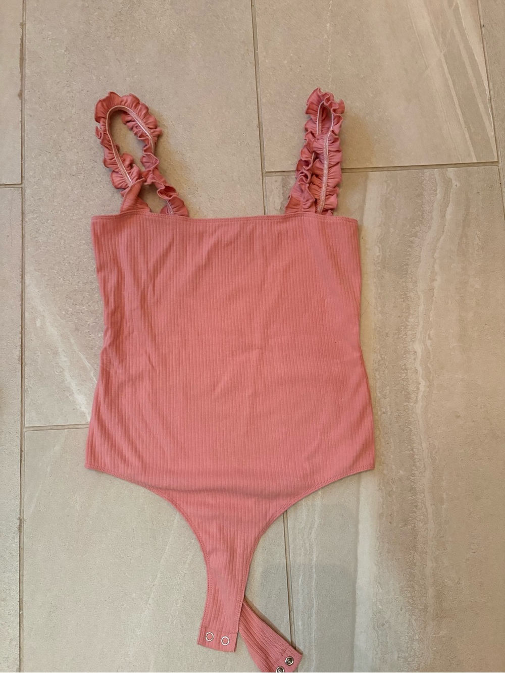 Double Zero Dusty Rose Ribbed Ruffle Strap Bodysuit